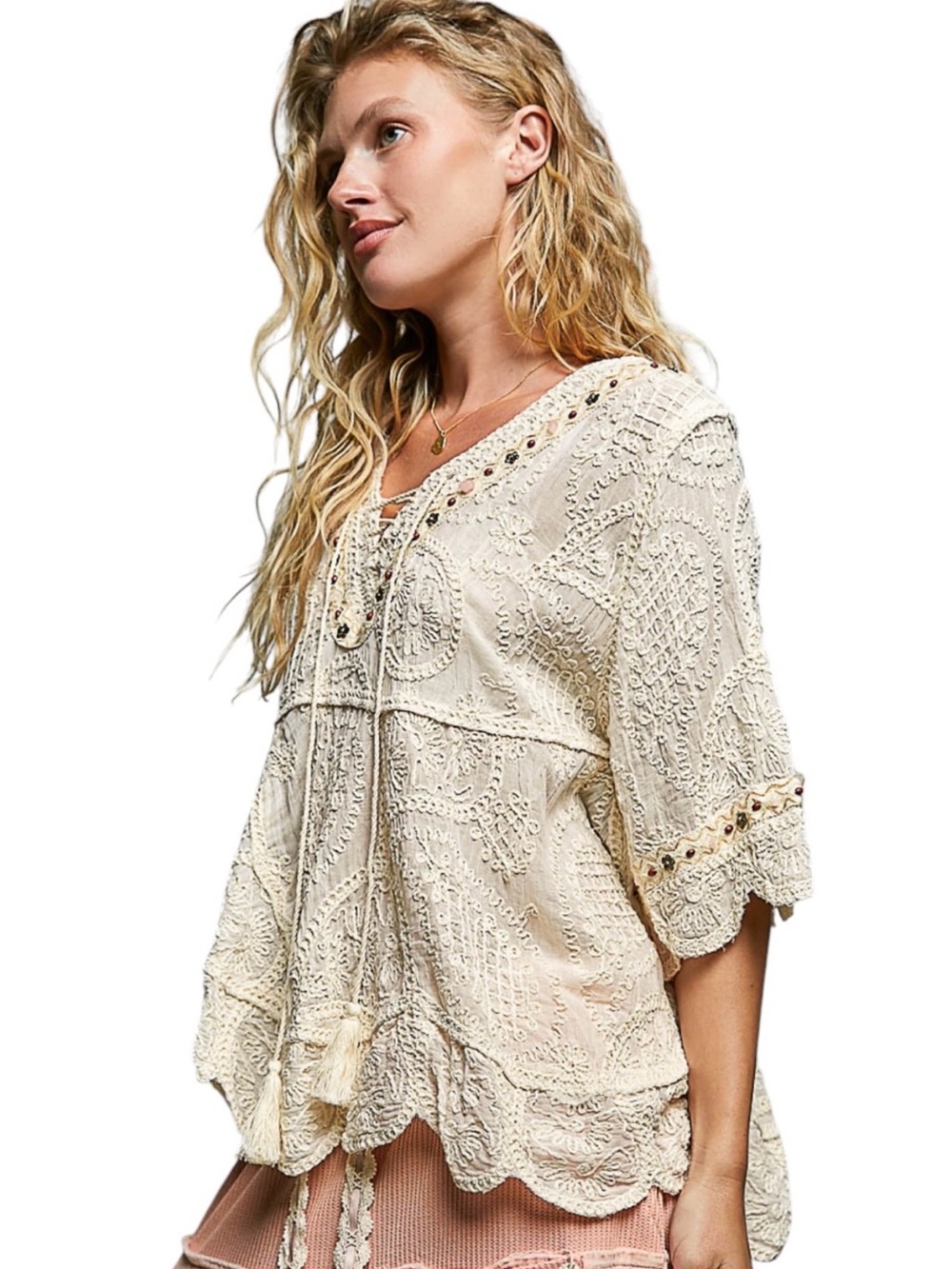 POL Cream Lace Boho Tunic with Tassels - Picture 2 of 4